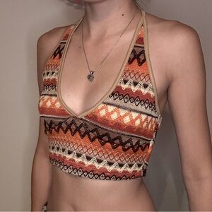 SHEIN Geometric Aztec Halter Mini Crop Top – Orange & Brown